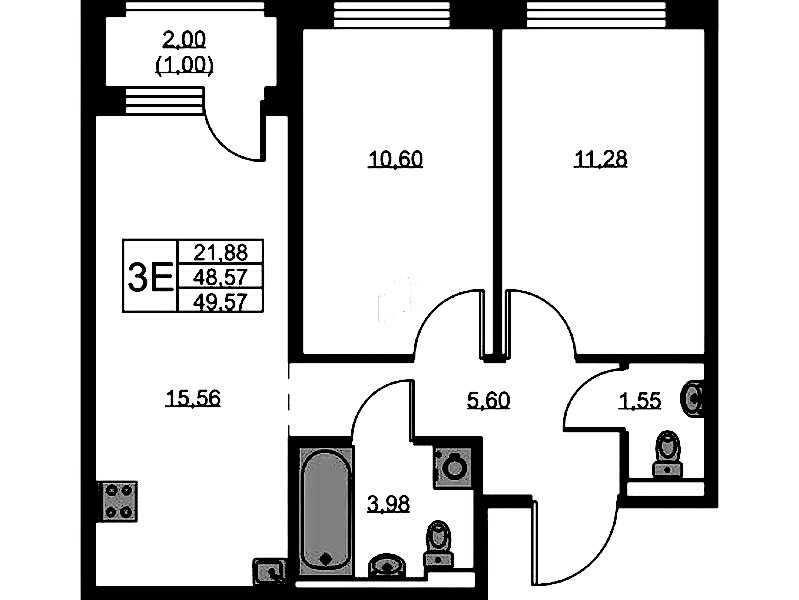 2-комнатная квартира 49.57 м², 7/9 эт., ЖК «GloraX Новоселье»